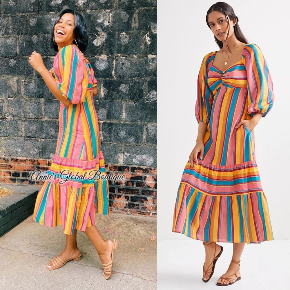 RARE NWT ANTHROPOLOGIE FARM RIO Rainbow Striped Flounced Midi Dress. Size L - Picture 9 of 16